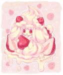  alcremie commentary creature dated english_commentary food fruit full_body gen_8_pokemon holding holding_food holding_fruit matchaneko no_humans pink_background pokemon pokemon_(creature) red_eyes signature solo strawberry strawberry_background 