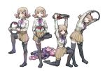  1girl bent_over black_legwear breasts brown_hair cat_bag commentary_request dangan_ronpa eyebrows_visible_through_hair flipped_hair hair_ornament hairclip highres jacket jacket_removed knee_up large_breasts leg_up long_sleeves looking_at_viewer multiple_views nanami_chiaki nintendo_switch_pro_controller no_shoes pink_bag pink_eyes pink_footwear pink_jacket pink_ribbon pleated_skirt ribbon ring_fit_adventure shirt shoes_removed simple_background skirt super_dangan_ronpa_2 thigh-highs white_background white_shirt youko-shima 