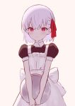  1girl alternate_costume apron backlighting bangs black_dress blush breasts closed_mouth dress enmaided fate/grand_order fate_(series) hair_ribbon kama_(fate/grand_order) looking_at_viewer maid puffy_short_sleeves puffy_sleeves red_eyes ribbon short_hair short_sleeves silver_hair small_breasts solo tray zenshin 