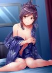  1girl alternate_costume bed bed_sheet brown_eyes collarbone hagikaze_(kantai_collection) highres japanese_clothes kamelie kantai_collection kimono long_hair purple_hair solo yukata 