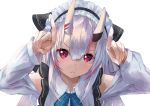  1girl :&lt; bangs blue_neckwear closed_mouth collared_shirt eyebrows_visible_through_hair finger_horns hair_between_eyes hair_ribbon highres hololive horns horns_pose konkito long_hair looking_at_viewer maid_headdress multicolored_hair nakiri_ayame oni oni_horns red_eyes redhead ribbon shirt silver_hair simple_background solo streaked_hair two-tone_hair upper_body v-shaped_eyebrows virtual_youtuber white_background white_shirt wing_collar 