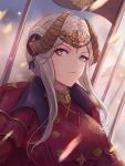  1girl banner breasts closed_mouth day double_bun dress edelgard_von_hresvelg eyebrows_visible_through_hair fake_horns fire_emblem fire_emblem:_three_houses hair_ornament headpiece leonmandala looking_at_viewer medium_breasts motion_blur outdoors red_dress serious short_hair_with_long_locks sidelocks silver_hair solo upper_body v-shaped_eyebrows violet_eyes 
