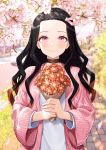  1girl absurdres bangs black_hair blurry blurry_background bouquet brown_hair car cherry_blossoms closed_mouth commentary_request day depth_of_field flower forehead greem_bang ground_vehicle hair_ribbon highres holding holding_bouquet jacket kamado_nezuko kimetsu_no_yaiba long_hair motor_vehicle multicolored_hair open_clothes open_jacket outdoors parted_bangs petals pink_eyes pink_jacket pink_ribbon red_flower ribbon shirt smile solo standing striped striped_jacket tree_branch two-tone_hair upper_body vertical-striped_jacket vertical_stripes very_long_hair white_flower white_shirt 