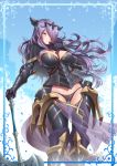  1girl adsouto armor ass_visible_through_thighs axe breasts camilla_(fire_emblem) finger_to_mouth fire_emblem fire_emblem_fates gloves hair_over_one_eye highres long_hair looking_at_viewer panties pelvic_curtain purple_hair smile solo thigh_gap tiara underwear 