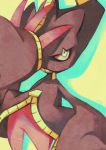  banette blue_eyes commentary creature english_commentary feet_out_of_frame gen_3_pokemon highres mega_banette mega_pokemon no_humans pokemon pokemon_(creature) salanchu shadow simple_background solo standing yellow_background 