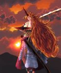  1girl backlighting bangs big_hair blue_skirt breasts broken broken_chain chain cloud_print clouds cloudy_sky cuffs cup fingernails grin highres horn hoshiguma_yuugi huge_weapon large_breasts leaf_print long_fingernails long_hair long_skirt looking_to_the_side mountain no_shirt oni orange_hair orange_sky over_shoulder parted_bangs pointy_ears red_eyes red_nails sakazuki sarashi shackles sharp_fingernails sheath side_slit sidelocks silhouette skirt sky smile solo stomach strong sun sunlight sunset sunyup touhou twilight unsheathed very_long_hair weapon 