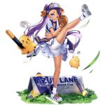  1girl ass azur_lane baseball baseball_cap baseball_mitt bird blue_eyes bluegill_(azur_lane) bluegill_(up-and-coming_infielder)_(azur_lane) blush chick clouds dango_remi dark_skin fang full_body hat head_bump highres leg_up legs long_hair manjuu_(azur_lane) midriff official_art one_eye_closed open_mouth purple_hair ribbon shoes short_eyebrows shorts shorts_under_skirt skirt sky sneakers socks solo standing standing_on_one_leg tan transparent_background white_footwear white_legwear white_shorts white_skirt yellow_ribbon 