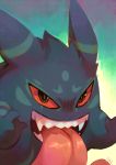  black_eyes commentary commission creature english_commentary fangs gen_1_pokemon gengar ghost gradient gradient_background looking_at_viewer no_humans pokemon pokemon_(creature) red_sclera salanchu signature solo tongue tongue_out upper_body 