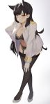  1girl absurdres animal_ears atago_(azur_lane) azur_lane bangs black_bra black_hair black_legwear black_panties bra breasts commentary extra_ears full_body garter_belt garter_straps gradient gradient_background high_heels highres jacket large_breasts leaning_forward light_smile long_hair looking_at_viewer military military_uniform mole mole_under_eye navel open_clothes open_jacket panties ribbon solo standing stomach swept_bangs thigh-highs underwear uniform white_jacket white_ribbon yellow_eyes yuya_(pixiv37335712) 