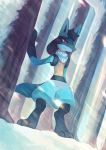  closed_mouth commentary commission creature dutch_angle english_commentary full_body gen_4_pokemon lucario no_humans pokemon pokemon_(creature) salanchu serious snow solo standing violet_eyes winter 