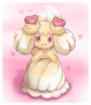  :d alcremie alcremie_(caramel_swirl) alcremie_(love_sweet) commentary commission creature english_commentary full_body gen_8_pokemon happy heart looking_at_viewer no_humans open_mouth pink_background pink_eyes pokemon pokemon_(creature) rylie_miles simple_background smile solo 