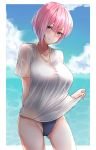 1girl absurdres arm_behind_back bangs blue_eyes blue_sky blue_swimsuit blurry blurry_background blush breasts clouds collarbone commentary_request eyebrows_visible_through_hair go-toubun_no_hanayome hair_between_eyes highres large_breasts looking_at_viewer nakano_ichika pink_hair poisonousgas shirt short_hair short_sleeves sky smile solo swimsuit swimsuit_under_clothes water white_shirt 
