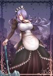  1girl adsouto apron axe breasts camilla_(fire_emblem) finger_to_mouth fire_emblem fire_emblem_fates hair_over_one_eye highres long_hair looking_at_viewer maid maid_apron maid_headdress purple_hair solo 