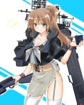 1girl adapted_costume alternate_hair_length alternate_hairstyle black_shirt breasts brown_hair commentary_request cowboy_shot flight_deck garter_straps green_eyes grey_neckwear grey_skirt gun intrepid_(kantai_collection) kantai_collection large_breasts long_hair looking_at_viewer m1903_springfield machinery neck_pillow panties pantyshot ponytail rifle shirt skirt smile solo tachibana_hiroki thigh-highs two-tone_background underwear weapon white_background 
