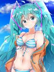  1girl absurdres aqua_eyes aqua_hair bikini blue_sky blush breasts clouds cloudy_sky collarbone commentary day expressionless groin hair_ornament harukawa_(hal501) hatsune_miku highres jacket jacket_removed long_hair looking_at_viewer midriff navel off_shoulder sky small_breasts solo striped striped_bikini swimsuit twintails upper_body very_long_hair vocaloid 