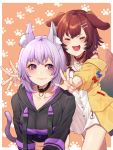  2girls ahoge animal_ear_fluff animal_ears bangs black_collar blush bone_hair_ornament braid breasts brown_hair cat_ears cat_girl cat_tail collar collarbone commentary_request dog_ears dog_girl dog_paws eyebrows_visible_through_hair highres hololive inugami_korone long_hair long_sleeves looking_at_viewer medium_hair mikan_(chipstar182) multiple_girls nekomata_okayu open_mouth paw_print_background paws purple_hair smile tail twin_braids violet_eyes virtual_youtuber 