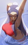  1girl absurdres arm_up armpits arms_behind_head arms_up ass blush breasts closed_eyes dark_skin earrings eyeliner eyeshadow hair_bun highres hoop_earrings jewelry komadera large_breasts makeup multicolored_hair navel pokemon pokemon:_twilight_wings pokemon_(anime) pokemon_(game) pokemon_swsh rurina_(pokemon) signature smile sportswear stretch swimsuit tank_top tankini two-tone_hair water 