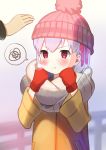  1girl bangs beanie blush breasts closed_mouth coat fate/grand_order fate_(series) grey_scarf hair_ribbon hat highres kama_(fate/grand_order) long_sleeves pink_headwear pout red_eyes red_mittens ribbon scarf short_hair silver_hair small_breasts solo_focus spoken_squiggle squiggle zenshin 