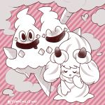  alcremie black_eyes blush closed_eyes commentary creature english_commentary full_body gen_5_pokemon gen_8_pokemon looking_at_viewer no_humans ozziemochi pokemon pokemon_(creature) signature striped striped_background vanilluxe 