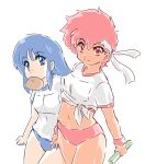  baozi baton blue_eyes blue_hair buruma crossed_legs dark_skin dirty_pair food food_in_mouth gym_uniform headband holding kei_(dirty_pair) midriff okuri_ookami oldschool red_eyes redhead shirt tied_shirt white_background white_headband white_shirt yuri_(dirty_pair) 