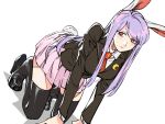  1girl all_fours animal_ears black_footwear black_legwear brown_jacket bunny_tail closed_mouth collared_shirt crescent crescent_moon_pin dutch_angle high_heels jacket long_hair long_sleeves looking_at_viewer necktie pink_skirt purple_hair rabbit_ears red_eyes red_neckwear reisen_udongein_inaba ruukii_drift shirt shoes simple_background skirt solo tail thigh-highs touhou white_background white_shirt wing_collar 