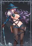  1girl adsouto ass_visible_through_thighs axe breasts camilla_(fire_emblem) finger_to_mouth fire_emblem fire_emblem_fates hair_over_one_eye hat highres long_hair looking_at_viewer navel purple_hair revealing_clothes solo stomach thigh_gap witch_hat 