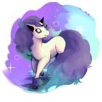  closed_mouth commentary creature english_commentary full_body galarian_form galarian_ponyta gen_8_pokemon highres horn no_humans pokemon pokemon_(creature) purple_theme ruderubicante simple_background smile solo sparkle unicorn walking white_background 
