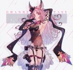  1girl animal_ears armpits black_gloves catherine_(granblue_fantasy) erune garter_belt gem gloves granblue_fantasy gun headband highres holster holstered_weapon leotard long_hair o-ishi pink_eyes pink_hair see-through smile solo weapon 