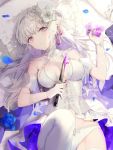  1girl bangs blue_flower blue_rose breasts crying crying_with_eyes_open dagger flower gloves hair_ornament highres holding holding_weapon lingerie looking_at_viewer lying on_back original panties petals pillow rose solo tears thigh-highs underwear violet_eyes weapon white_hair white_legwear white_panties yukisame 