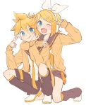  1boy 1girl arm_around_neck bangs black_collar black_shorts blonde_hair blue_eyes bow cardigan collar commentary crop_top fang hair_bow hair_ornament hairclip hands_up headphones highres hug hug_from_behind kagamine_len kagamine_rin kneeling leg_warmers looking_at_viewer m0ti nail_polish neckerchief necktie one_eye_closed open_mouth orange_cardigan sailor_collar school_uniform shirt short_hair short_ponytail short_shorts shorts smile spiky_hair squatting sweater swept_bangs v vocaloid white_bow white_footwear white_shirt yellow_nails yellow_neckwear 