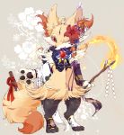  absurdres animal_ear_fluff animal_ears blue_ribbon braixen brooch claws clothed_pokemon commentary_request crystal detached_sleeves fire floral_print flower fox_ears fox_tail full_body furry gem gen_6_pokemon glint gohei grey_background hair_flower hair_ornament hair_tubes highres holding ice japanese_clothes jewelry looking_at_viewer mismatched_legwear mismatched_sleeves no_humans one_eye_closed pawpads paws pokemon pokemon_(creature) purple_ribbon red_eyes red_flower red_ribbon ribbon ribbon-trimmed_sleeves ribbon_trim ruby_(gemstone) shide simple_background socks solo standing stick tail toeless_legwear two-tone_background wide_sleeves xxxkuroraxxx 
