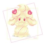  :d alcremie alcremie_(love_sweet) alcremie_(vanilla_cream) creature full_body gen_8_pokemon happy looking_at_viewer no_humans open_mouth pokemon pokemon_(creature) red_eyes shiinata signature simple_background smile solo standing white_background 