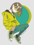  1girl aqua_eyes brown_hair circle full_body green-framed_eyewear green_jacket hands_in_pockets hood hood_down jacket knees_up looking_at_viewer niwabuki original pantyhose shoes short_hair solo twitter_username zipper zipper_pull_tab 