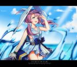  1girl arknights bag bare_legs blue_bow blue_dress blue_eyes blue_sky bow bracelet breasts character_name chinese_commentary clouds cloudy_sky copyright_name cowboy_shot day doc.chen dress droplet highres jewelry letterboxed long_hair medium_breasts ocean open_mouth outdoors purestream_(arknights) purple_hair shading_eyes short_dress shoulder_bag sky sleeveless smile solo thighs twintails water white_headwear wind 