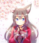  1girl amagi_(azur_lane) animal_ears azur_lane black_hair black_kimono blurry blurry_foreground blush breasts brown_gloves closed_mouth commentary_request depth_of_field flower fox_ears gloves grey_background hair_ornament hands_together hands_up japanese_clothes kimono kouu_hiyoyo long_hair looking_at_viewer medium_breasts open_clothes own_hands_together partly_fingerless_gloves petals short_eyebrows smile solo thick_eyebrows twitter_username upper_body very_long_hair white_flower 