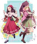  2024 2girls alternate_costume bag boots breasts brown_hair dress flower green_eyes green_hair hair_flower hair_ornament happy_new_year hat high_heels highres holding holding_umbrella kamado_nezuko kanekiyo_miwa kanroji_mitsuri kimetsu_no_yaiba long_hair long_skirt long_sleeves medium_breasts multicolored_hair multiple_girls open_mouth orange_hair pink_eyes pink_hair pink_skirt red_headwear shirt shoulder_bag skirt umbrella white_shirt 