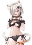  1girl :d absurdres animal_ear_fluff animal_ears bangs bell bell_collar black_bra black_collar black_panties blush bow bra cat_cutout cat_ear_panties cat_ears cat_girl cat_hair_ornament cat_lingerie cat_tail cleavage_cutout collar commentary_request eyebrows_visible_through_hair fang frilled_bra frills groin hair_ornament hair_over_one_eye hasumi_(hasubatake39) heart highres jingle_bell looking_at_viewer meme_attire navel open_mouth orange_bow original panties side-tie_panties silver_hair simple_background skindentation smile solo tail thigh_strap underwear underwear_only upper_teeth violet_eyes white_background wrist_cuffs 