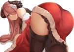  1girl absurdres all_fours ass black_legwear blue_eyes blush braid breasts christmas closed_mouth commentary crown_braid demon_horns eyelashes from_behind granblue_fantasy hair_between_eyes hair_over_one_eye highres horns large_breasts lips long_hair looking_at_viewer looking_back mistletoe narmaya_(granblue_fantasy) pink_hair ribbed_legwear santa_costume side_braid simple_background smile snowman_hair_ornament solo thigh-highs thighs white_background yuya_(pixiv37335712) 