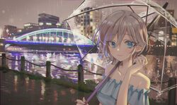  1girl anastasia_(idolmaster) bangs blue_eyes blue_shirt blurry blurry_background blush breasts bridge building collarbone earrings eyebrows_visible_through_hair grey_hair hair_between_eyes highres holding holding_umbrella idolmaster idolmaster_cinderella_girls jewelry light looking_at_viewer medium_breasts nail_polish neon_lights night night_sky off-shoulder_shirt off_shoulder outdoors railing rain river rum_raisin_(chihiromakita19) see-through shirt sky smile solo umbrella upper_body water water_drop 