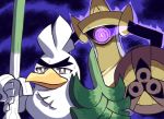  aegislash aura bird brown_eyes commentary_request creature energy gen_6_pokemon gen_8_pokemon holding holding_sword holding_weapon looking_at_another no_humans ozziemochi pokemon pokemon_(creature) shield signature single_eye sirfetch&#039;d sweat sword violet_eyes weapon 