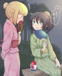  2girls alternate_hairstyle bags_under_eyes bench black_hair blonde_hair blush bush fan flying_sweatdrops forest green_eyes green_kimono hair_bun hand_on_own_knee japanese_clothes kimono kuroki_tomoko meis_(terameisu) multiple_girls nature outdoors paper_fan pink_kimono ponytail shaved_ice sitting standing summer_festival sweatdrop tree uchi_emiri uchiwa watashi_ga_motenai_no_wa_dou_kangaetemo_omaera_ga_warui! yukata yuri 