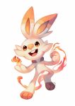  bunny_focus commentary creature english_commentary fire full_body gen_8_pokemon highres no_humans pokemon pokemon_(creature) rabbit salanchu scorbunny signature simple_background solo white_background 