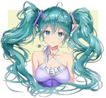  1girl ahoge aqua_eyes aqua_hair breasts hair_between_eyes hair_ornament hairclip hatsune_miku long_hair looking_at_viewer medium_breasts solo tamamushi twintails upper_body very_long_hair vocaloid 