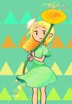  1girl blonde_hair dandelion dress feet_out_of_frame flower green_dress highres holding holding_flower long_hair looking_at_viewer niwabuki no_nose original oversized_flowers short_sleeves smile solo triangle_earrings yellow_flower 