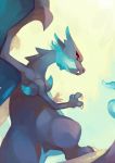  blue_fire charizard claws creature dragon fire gen_1_pokemon highres horns looking_at_viewer looking_back mega_charizard_x mega_pokemon no_humans pokemon pokemon_(creature) salanchu simple_background solo white_background 