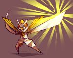  commentary creature cyborb english_commentary fighting_stance full_body gen_7_pokemon glowing grey_background highres kartana light no_humans pokemon pokemon_(creature) signature simple_background solo ultra_beast 
