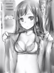  1girl alice_gear_aegis bra breasts character_request collared_shirt greyscale highres locker long_hair looking_at_viewer medium_breasts monochrome nanashi_(nlo74593630) open_clothes open_shirt parted_lips shirt solo_focus sweatdrop underwear undressing upper_body wing_collar 
