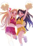  2girls arm_up armpits backlighting bangs bare_shoulders black_hair blonde_hair blush breasts cheerleader crop_top ereshkigal_(fate/grand_order) fate/grand_order fate_(series) hair_ribbon highres holding_pom_poms ishtar_(fate)_(all) ishtar_(fate/grand_order) long_hair looking_at_viewer midriff miniskirt multiple_girls navel open_mouth parted_bangs pom_poms red_eyes red_shirt red_skirt ribbon shirt shoes simple_background skirt small_breasts smile sneakers two_side_up white_background yellow_shirt yellow_skirt zenshin 