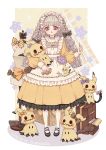  1girl bangs black_footwear blunt_bangs blush commentary dress english_commentary flat_chest frown gen_7_pokemon highres long_hair matchaneko mimikyu needle original pokemon ribbon shoes signature white_hair 