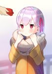  1girl bangs blush breasts closed_mouth coat fate/grand_order fate_(series) grey_scarf hair_ribbon highres kama_(fate/grand_order) long_sleeves red_eyes red_mittens ribbon scarf short_hair silver_hair small_breasts solo_focus zenshin 